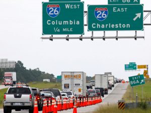 Traffic on Interstate 95 slows at the closed interchange with Interstate 26 after South Carolina Governor Haley ordered an evacuation before the arrival Hurricane Matthew, in Bowman