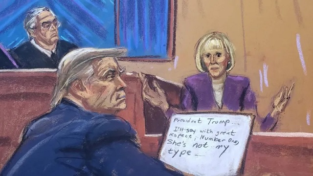 Donald Trump in court sketch for E Jean Carroll case