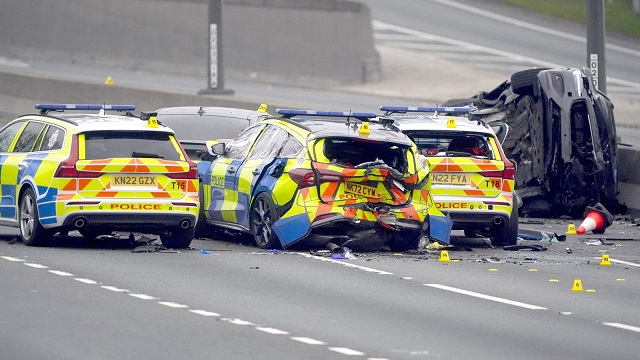 Five vehicle crash involving four police cars Five vehicle crash involving four police cars