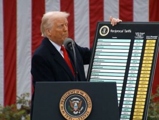 Donald Trump holding tariffs board