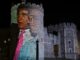 Donald Trump and Jeffrey Epstein projected onto Windsor Castle