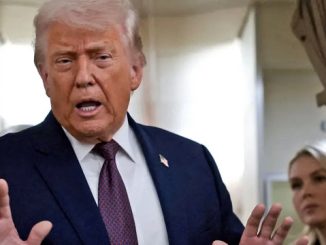 Donald Trump talks to reporters on Air Force One